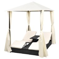 Double garden deckchair with canopy polyrattan black - Garden Lounger