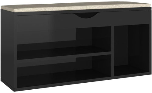 Botník s poduškou černý lesklý 104 x 30 x 49 cm dřevotříska, 326757 - Botník - Main image