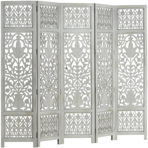 Hand-carved 5-piece Screen Grey 200 x 165cm Mango Wood - Room Divider - Main image