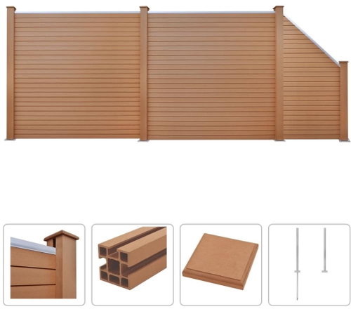 Plotová sada z WPC 2 čtvercové + 1 šikmý díl 451 × 187 cm hnědá - Plotové dílce - Main image
