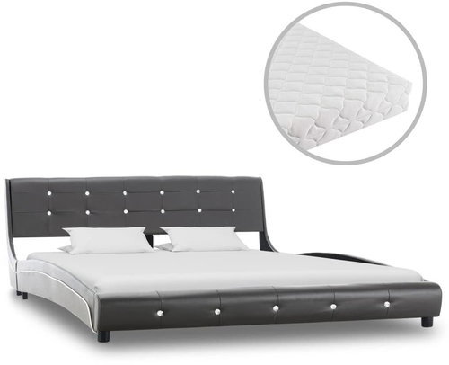 Bed with mattress gray artificial leather 160x200 cm - Bed - Main image