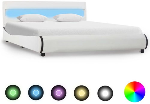 Bed frame with LED light white faux leather 160x200 cm - Bed Frame - Main image