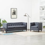 Chesterfield sofa set 2 pieces with gray textile upholstery - Sofa