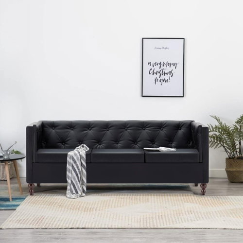 Chesterfield three-seater with black leather upholstery in black - Couch - Main image