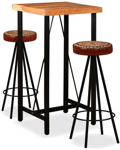 Bar set of 3 pieces of solid acacia wood, genuine leather, canvas 275129 - Bar Set - Main image