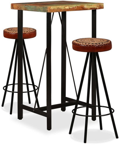 Bar set of 3 pieces of solid recycled wood, genuine leather, canvas 275141 - Bar Set - Main image