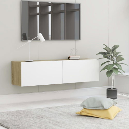 TV table white and sonoma oak 120x30x30 cm chipboard - TV Table - Main image