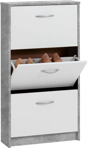 FMD Shoe rack with 3 hinged compartments white and concrete grey - Shoe Rack - Main image