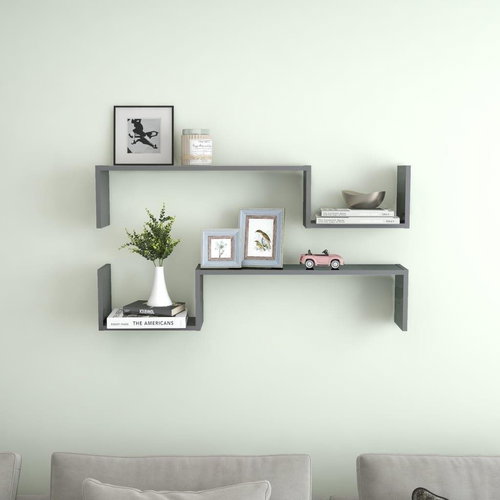 Nástěnné police 2 ks šedé vysoký lesk 100x15x20 cm dřevotříska - Shelf - Main image