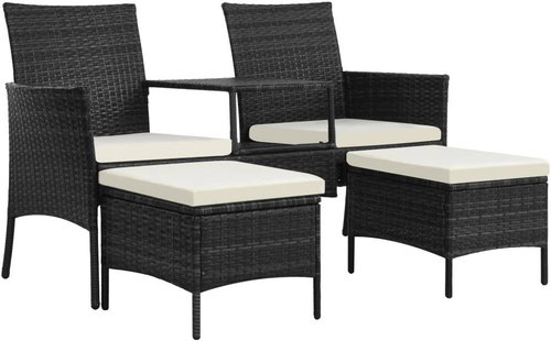 2 seater Garden Sofa with Table and Ottoman Polyrattan Black 44452 - Garden Armchair - Main image