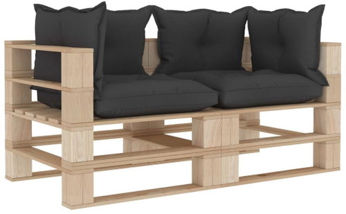 2-seater Garden Sofa made of Pallets with Black Cushions Wood 3052208 - Garden Sofa - Main image