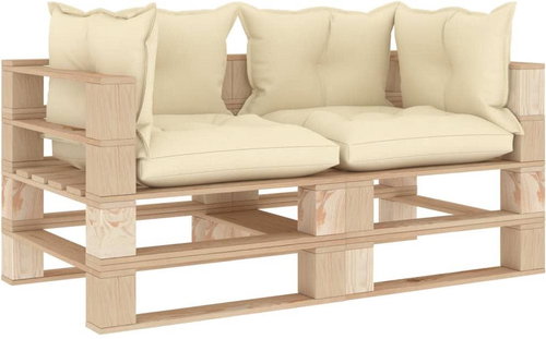 2 seater Garden Sofa made of Pallets with Cream Pillows Wood 3052304 - Garden Sofa - Main image