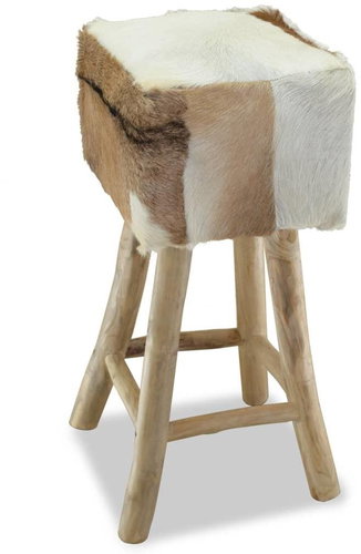 Genuine leather bar stool and solid teak - Bar Stool - Main image