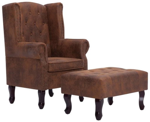Chersterfield Armchair and Footstool Brown Synthetic Suede Leather 281277 - Armchair - Main image