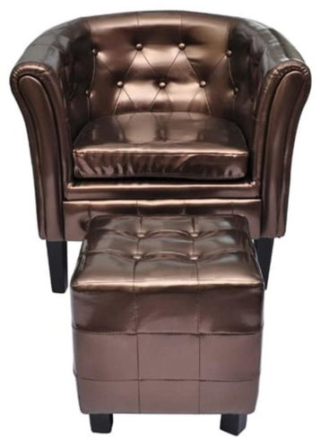 Club chair with brown faux leather footrest - Armchair - Main image