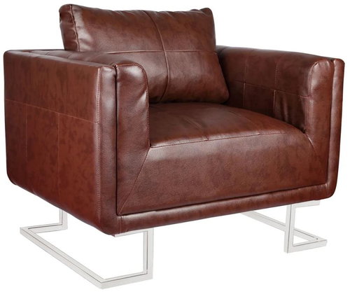 Square Armchair with Chromed Legs made of Brown Faux Leather - Armchair - Main image
