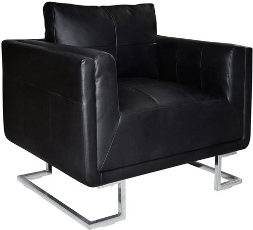 Square armchair with chromed legs made of black faux leather - Armchair - Main image