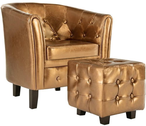 Club chair with brown faux leather footrest - Armchair - Main image
