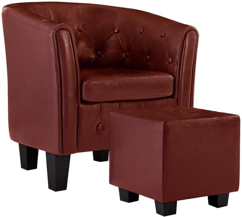 Club chair with burgundy faux leather footstool - Armchair - Main image