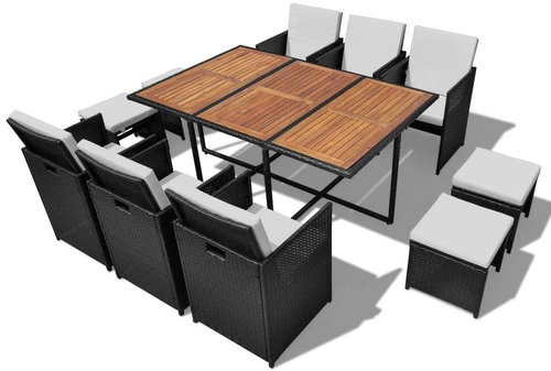 11-Piece Polyrattan and Acacia Garden Dining Set, Black 42531 42531 - Garden Furniture - Main image