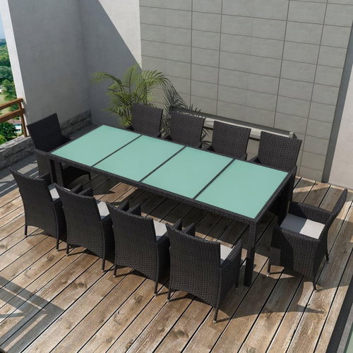 11-Piece Polyrattan Garden Dining Set with Cushions, Black 42570 - Garden Furniture - Main image