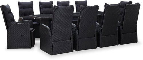 11-piece Garden Dining Set with Cushions Black Polyrattan 46056 46056 - Garden Furniture - Main image