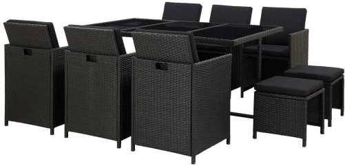 11-Piece Polyrattan Garden Dining Set with Cushions, Black 46533 - Garden Furniture - Main image