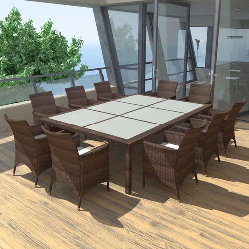 11-piece Garden Dining Set with Cushions Brown Polyrattan 41821 41821 - Garden Furniture - Main image