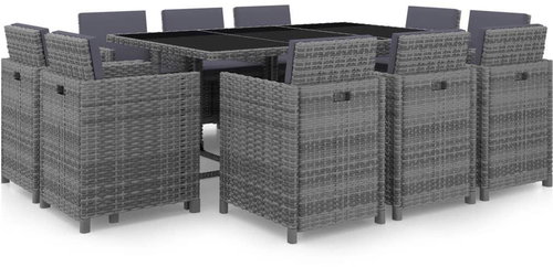 11-Piece Polyrattan Garden Dining Set with Cushions, Grey 46378 - Garden Furniture - Main image
