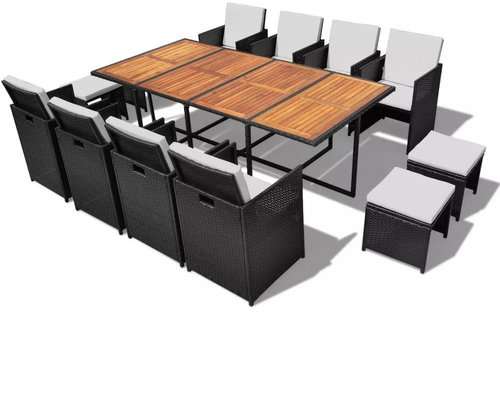 13-Piece Garden Dining Set Polyrattan and Acacia Wood Black 42532 42532 - Garden Furniture - Main image
