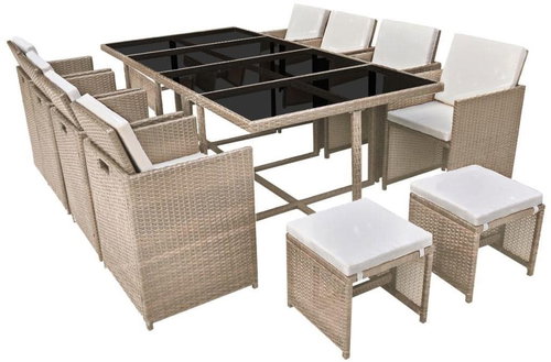 13-Piece Polyrattan Garden Dining Set with Cushions, Beige 42558 42558 - Garden Furniture - Main image