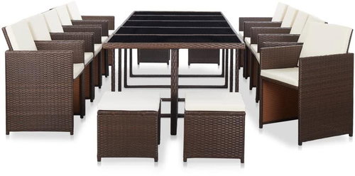 15-piece Garden Dining Set with Cushions Brown Polyrattan 46421 46421 - Garden Furniture - Main image
