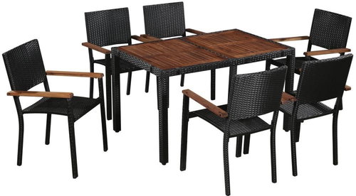 7-Piece Polyrattan and Acacia Wood Garden Dining Set, Black 43935 43935 - Garden Furniture - Main image