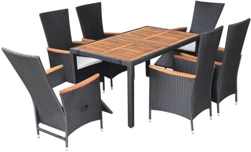 7-piece Garden Dining Set Polyrattan and Acacia Wood Black 47681 47681 - Garden Furniture - Main image