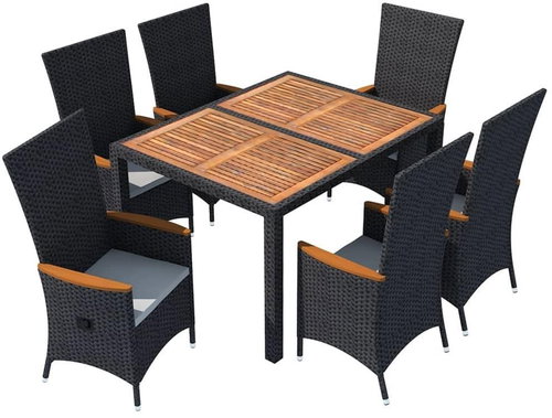 7-piece garden dining set polyrattan and acacia wood black 48013 48013 - Garden Furniture - Main image