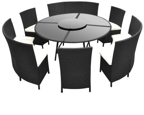 7-piece Garden Dining Set with Cushions Black Polyrattan 43098 43098 - Garden Furniture - Main image