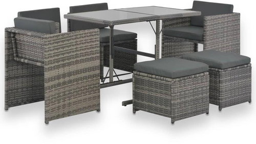 7-piece garden dining set with cushions gray polyrattan 44721 44721 - Garden Furniture - Main image