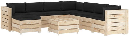 9-piece Garden Sofa made of Pallets + Black Cushions, Wood 3051742 3051742 - Garden Furniture - Main image