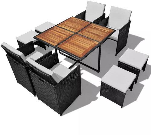 9-piece garden dining set polyrattan and acacia wood black 42530 42530 - Garden Furniture - Main image