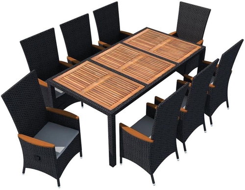 9-piece Garden Dining Set Polyrattan Acacia Wood Black 42692 42692 - Garden Furniture - Main image
