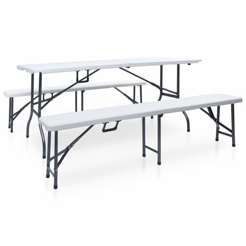 Folding garden table with 2 benches 180 cm steel and HDPE white 48833 48833 - Garden Furniture - Main image
