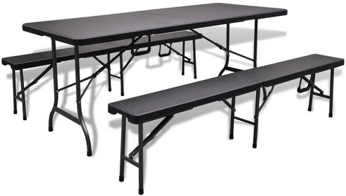 Garden table with 2 benches HDPE black imitation rattan 271766 271766 - Garden Furniture - Main image