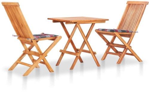 3dílný bistro set s červenými károvanými poduškami masivní teak 3063238 - Zahradní nábytek - Main image