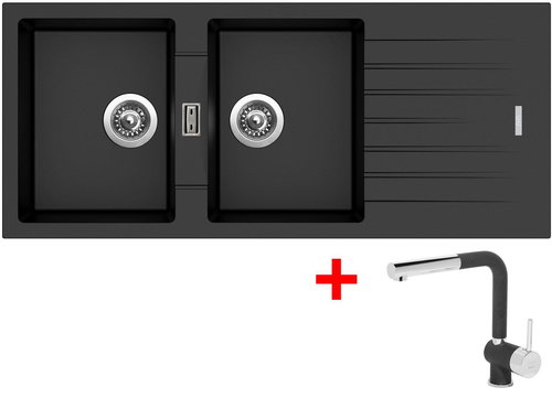 Sinks Perfecto 1160 Duo Metalblack + Mix 3 P GR - Kitchen Sink and Tap Set - Main image
