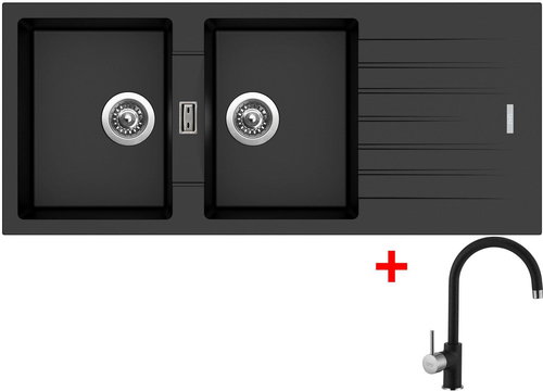 Sinks Perfecto 1160 Duo Metalblack + Vitalia GR - Kitchen Sink and Tap Set - Main image
