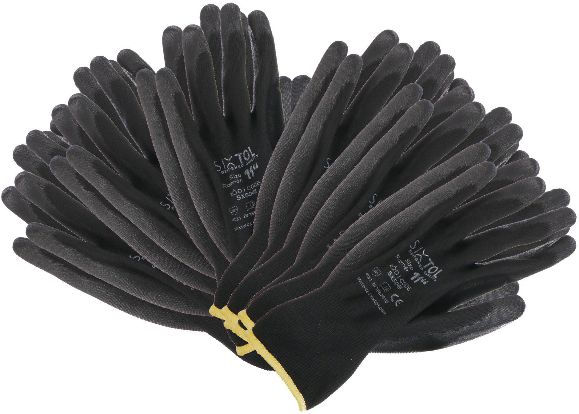 SIXTOL Glove PE-PU Poliészter munkakesztyű, félig poliuretánba mártott, fekete, 11", 6 pár
