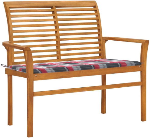 Zahradní lavice + červená károvaná poduška 112 cm masivní teak, 3062662 - Zahradní lavice - Main image