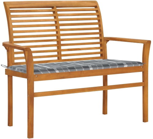 Zahradní lavice s šedou károvanou poduškou 112 cm masivní teak, 3062663 - Zahradní lavice - Main image