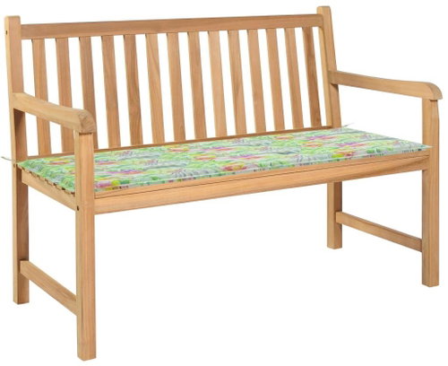 Zahradní lavice s poduškou se vzorem listů 120 cm masivní teak, 3062688 - Zahradní lavice - Main image