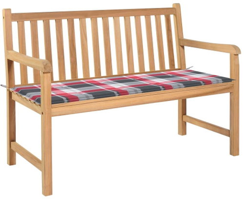 Zahradní lavice + červená károvaná poduška 120 cm masivní teak, 3062689 - Zahradní lavice - Main image